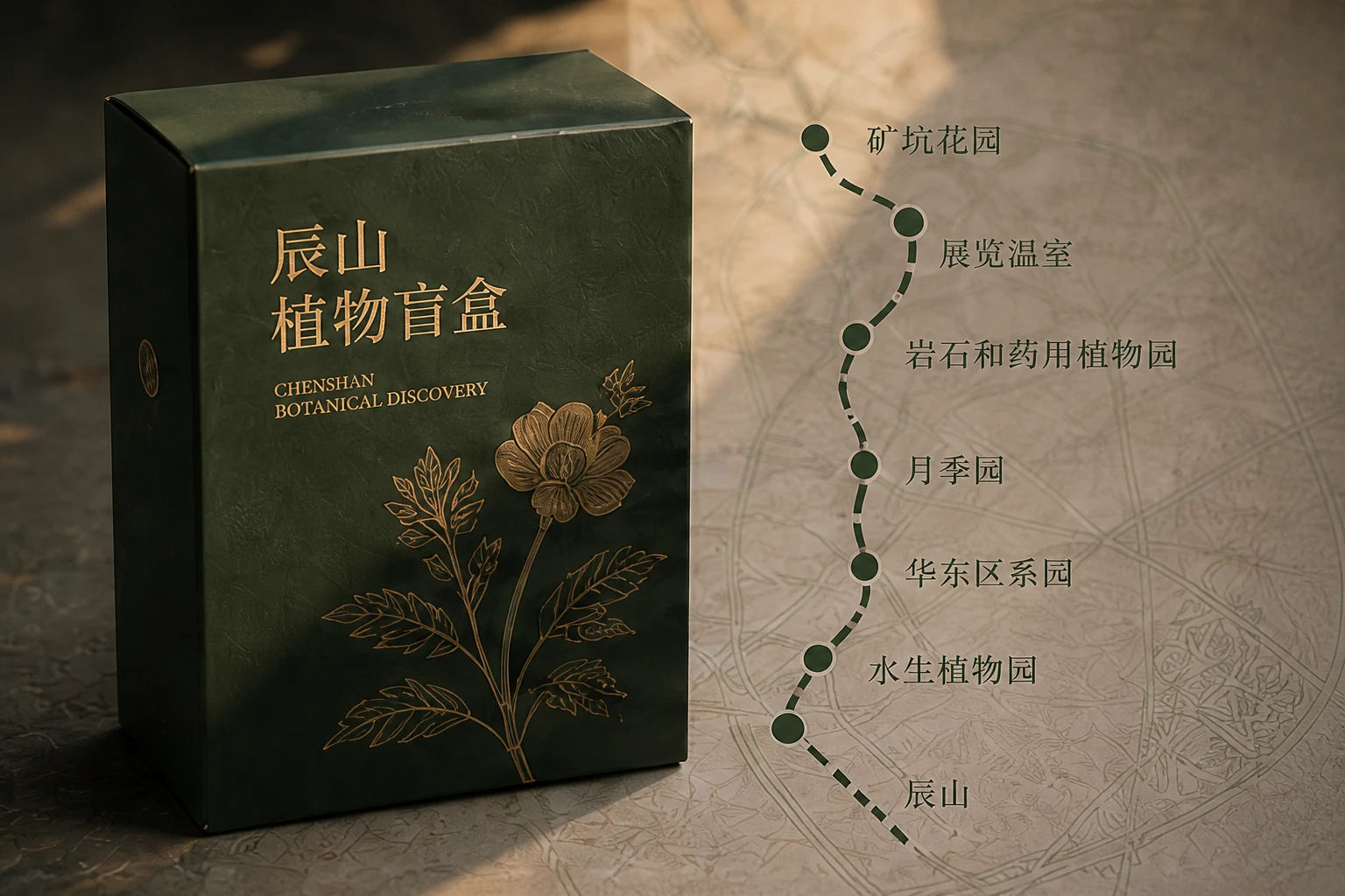 深绿色辰山植物盲盒与植物纹样