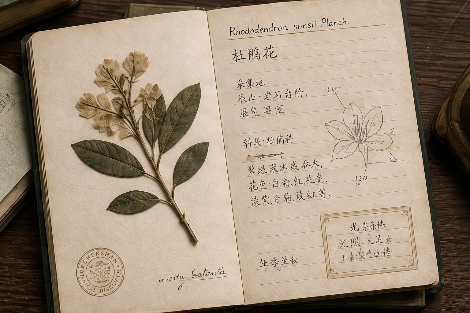 打开的植物观察笔记本与杜鹃花标本