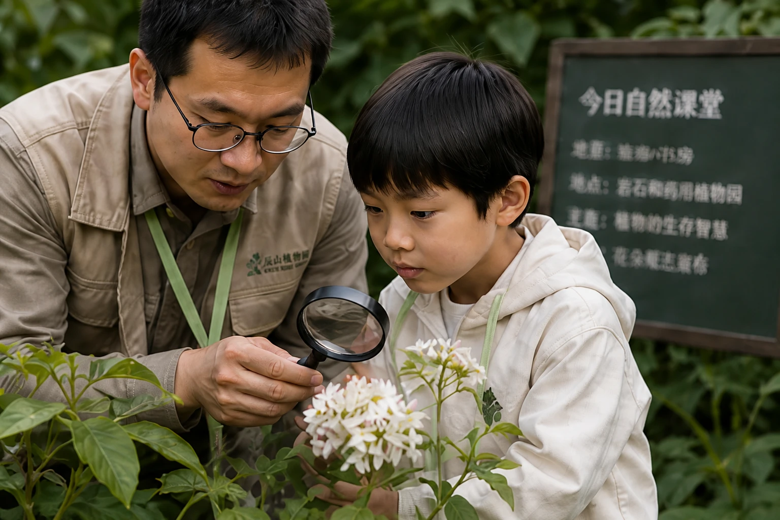 自然课堂中老师带领孩子用放大镜观察白色花朵